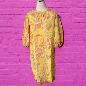 Vintage 60s GoGo Dress Yellow Pink Retro Hippie Colorful Flower Power